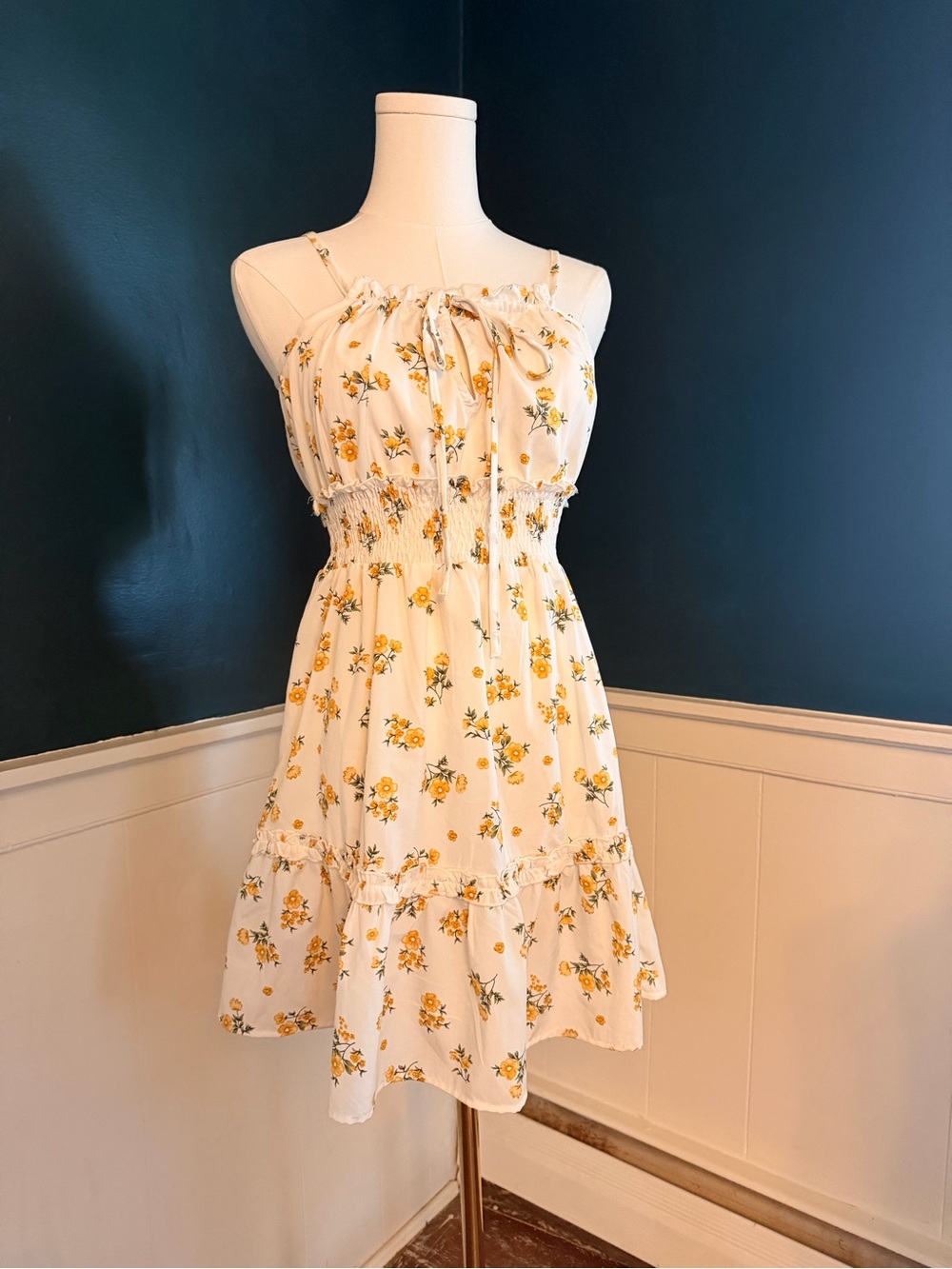 Small Indie Love Cream & Yellow Floral Smocked Mini Dress